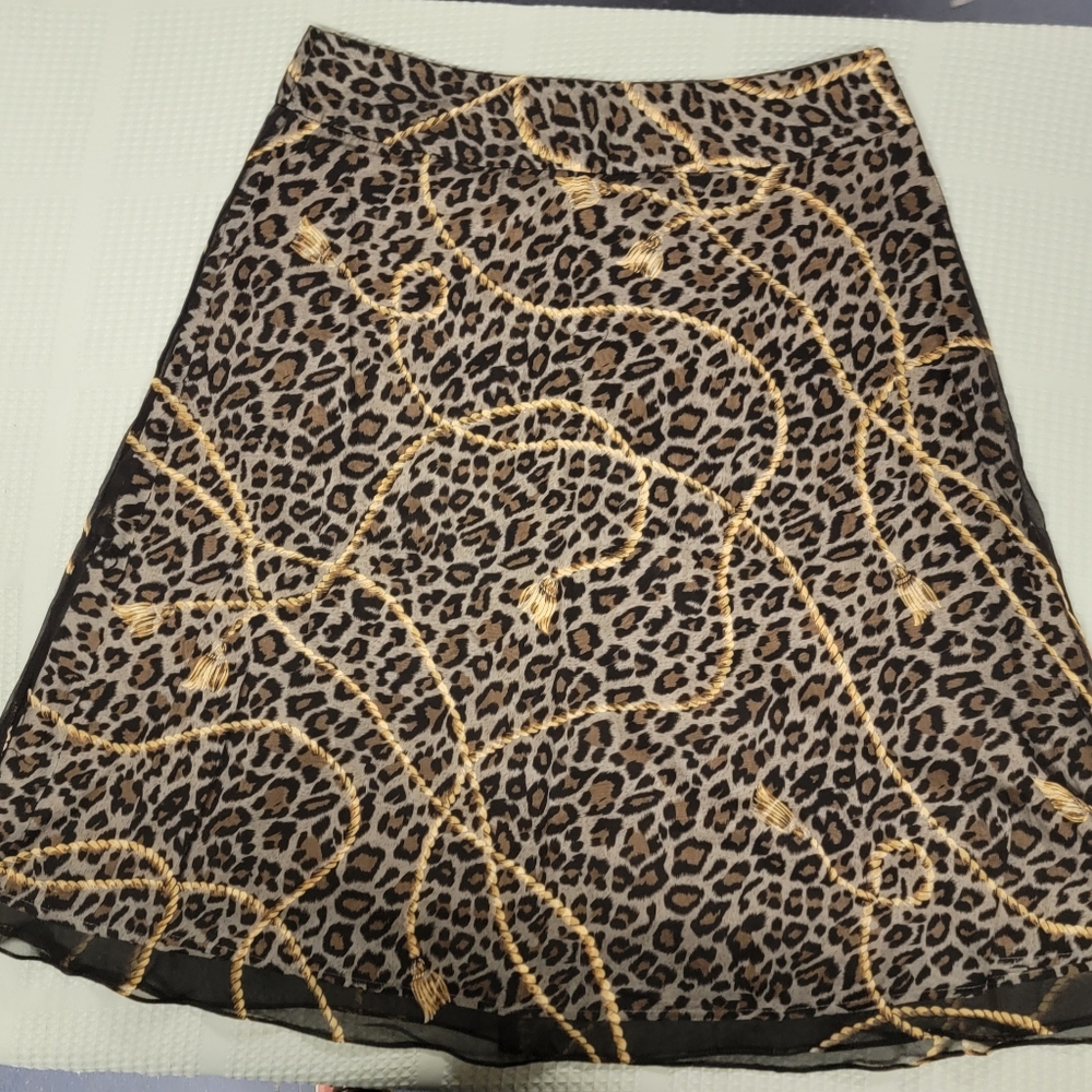 Silkland Leopard Tassel Print Multi Layer Silk A-line Knee Length Skirt Derby 10